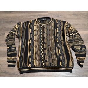Protege Collection Mens Medium 3D Textured Knit Sweater Black Gold Coogi Style